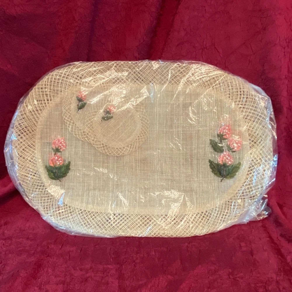 Vintage Woven & Embroidered Placemat & Coaster Set - circa 1960’s - 1970’s